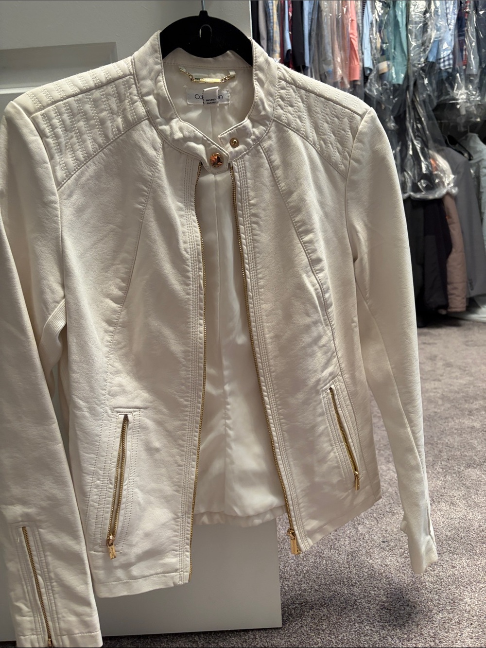Calvin Klein White Cream Faux Leather Moto Jacket with Gold Hardware